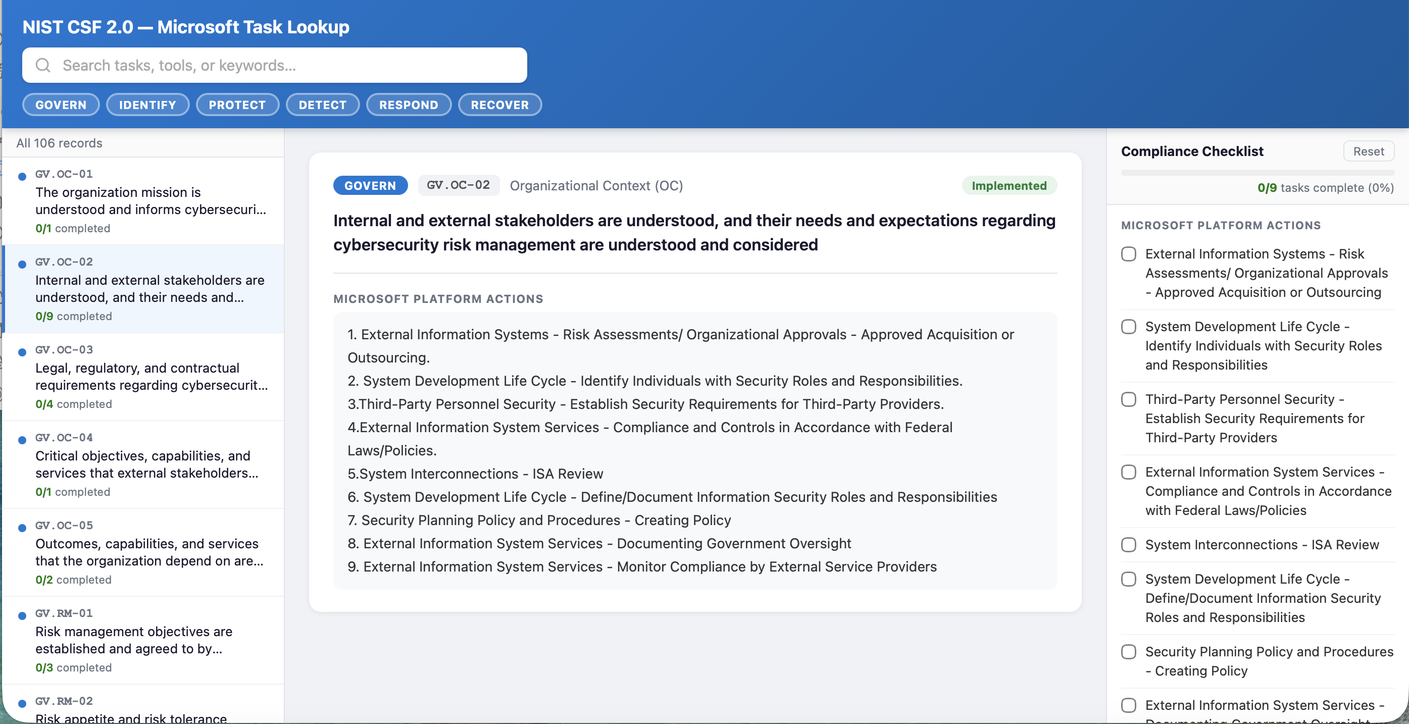 NIST CSF Microsoft Mapper screenshot